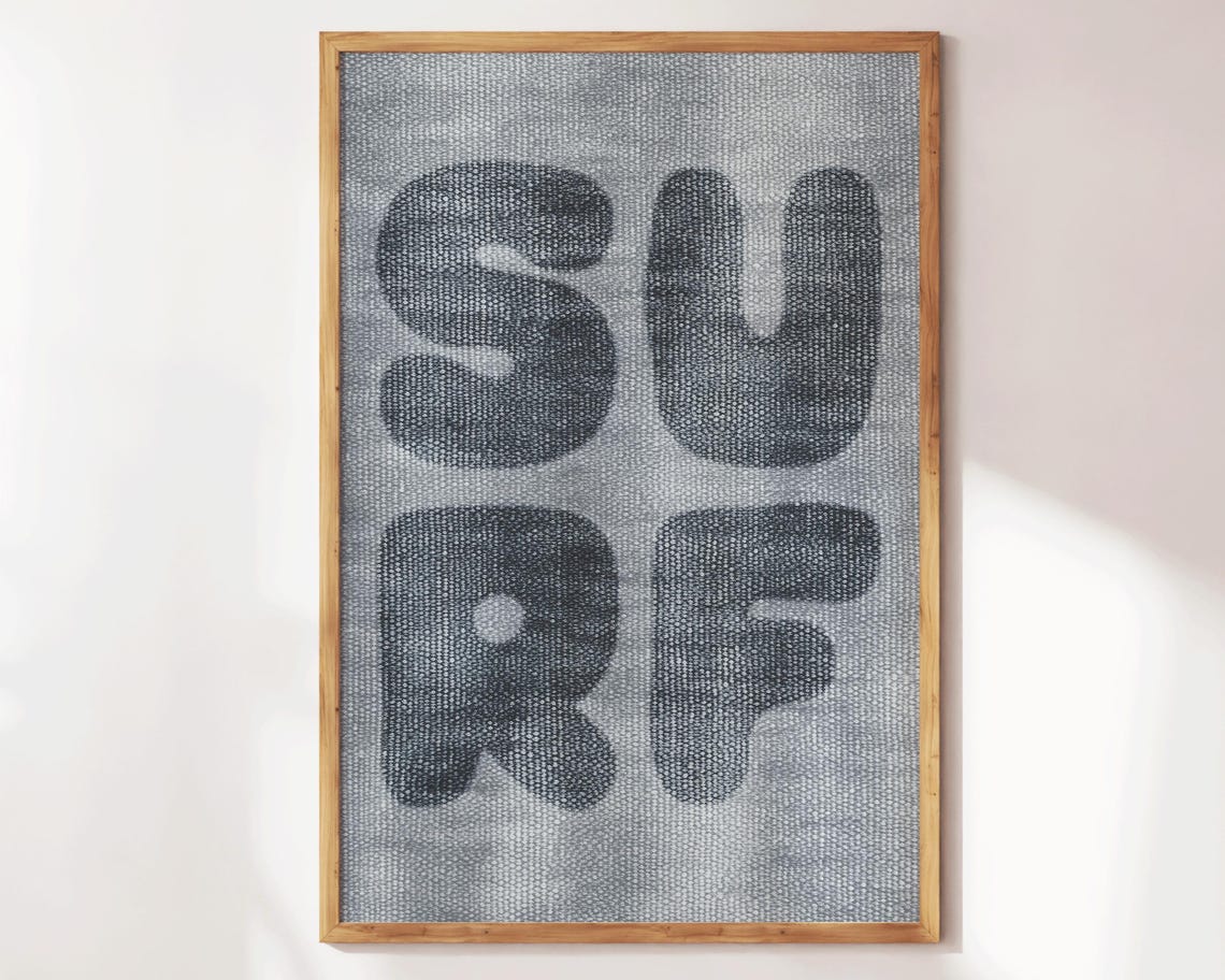 Surf Gray Denim Texture Bold Retro Typography Beach Art Poster