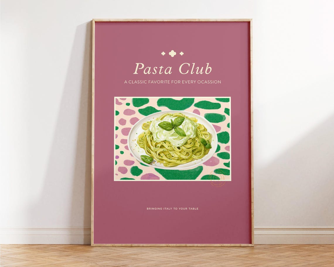 Pasta Club Pesto Linguine Retro Pink Italian Kitchen Wall Poster