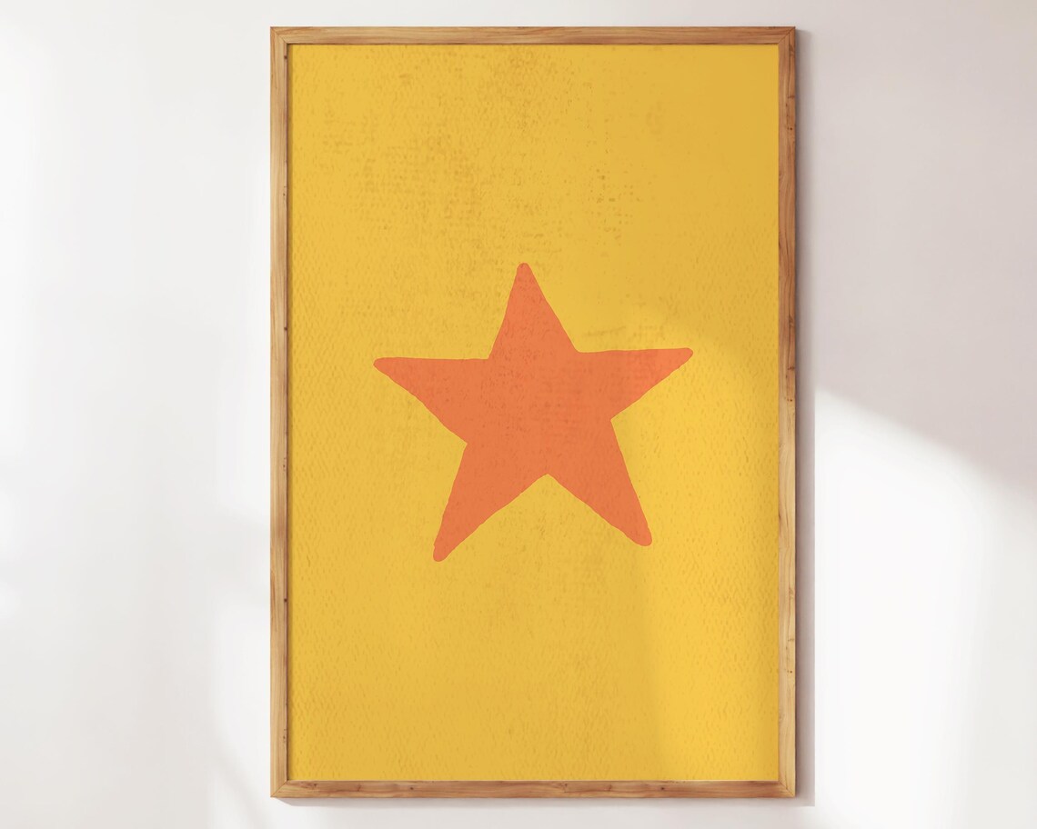 Retro Hand Drawn Orange Star Minimal Yellow Nursery Decor Poster