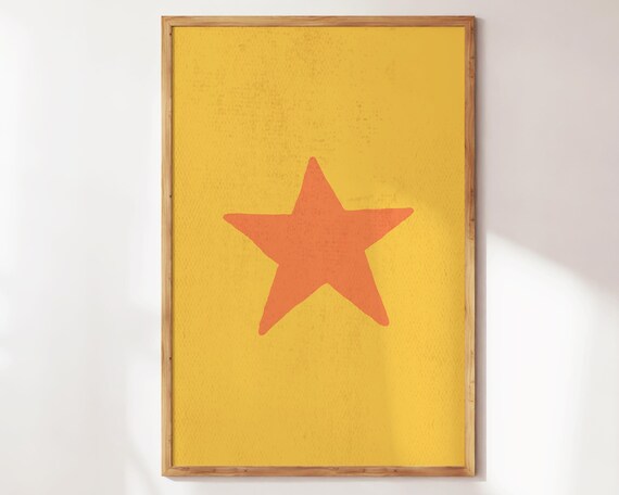 Retro Hand Drawn Orange Star Minimal Yellow Nursery Decor Poster