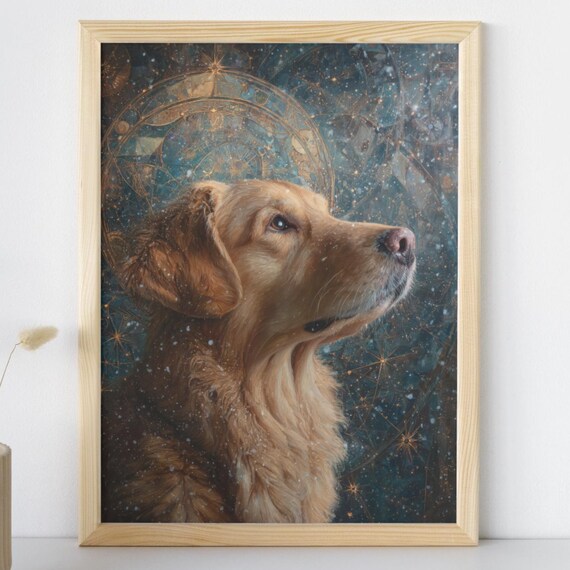 Golden Retriever Celestial Winter Art Mystical Dog Holiday Print Cosmic Starry Night Painting Lover Gift