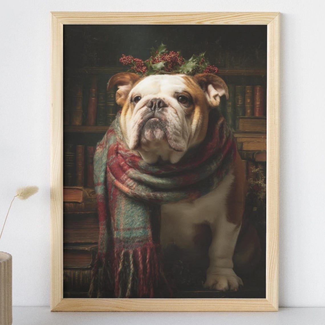 Holiday English Bulldog Portrait Christmas Dog Art Print Tartan Scarf Decor Dark Academia Winter Gift Lover Instant