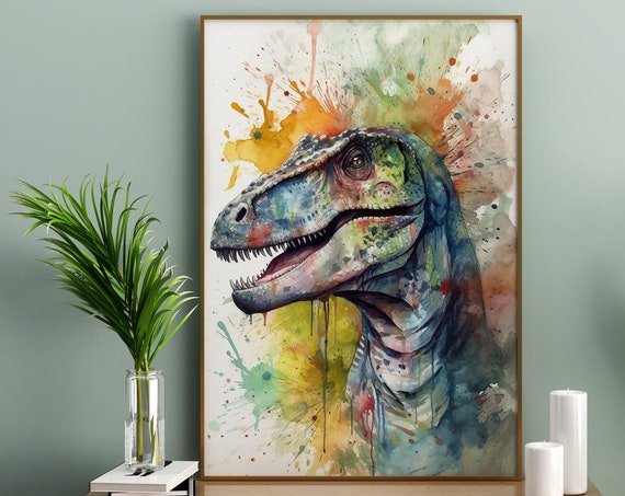 T Rex Painting Wall Art Poster Gift Watercolor Colorful Animal Painting Illustration Nature Wall Art Home Decor Print