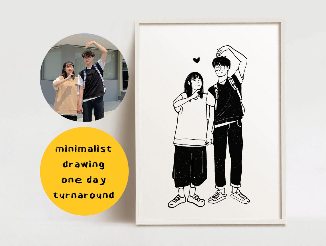 Sweet Minimalist Young Couple Half Heart Line Drawing Portrait Poster
