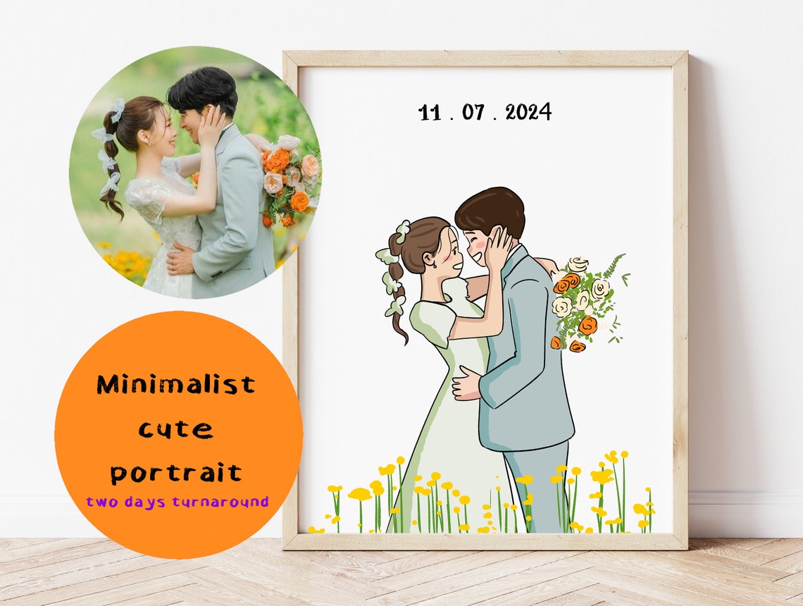 Cute Cartoon Kissing Wedding Couple in Wildflower Field Art Poster