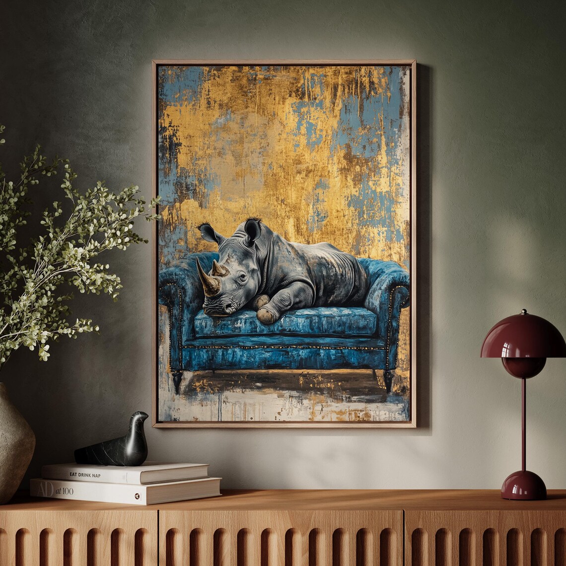Relaxed Rhino Lounging on a Blue Velvet Couch Gold Art Poster