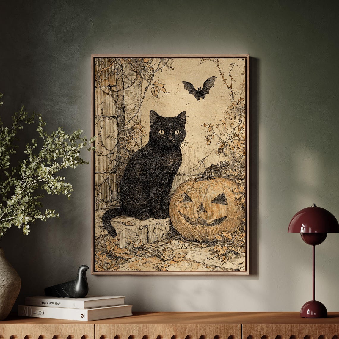 Black Cat And Jackolantern Art Print Vintage Halloween Ink Illustration Gothic Fall Wall Decor With Bat Pumpkin Scene