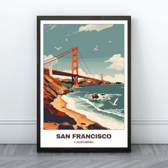 San Francisco Golden Gate Bridge Beach Vintage Style Travel Poster
