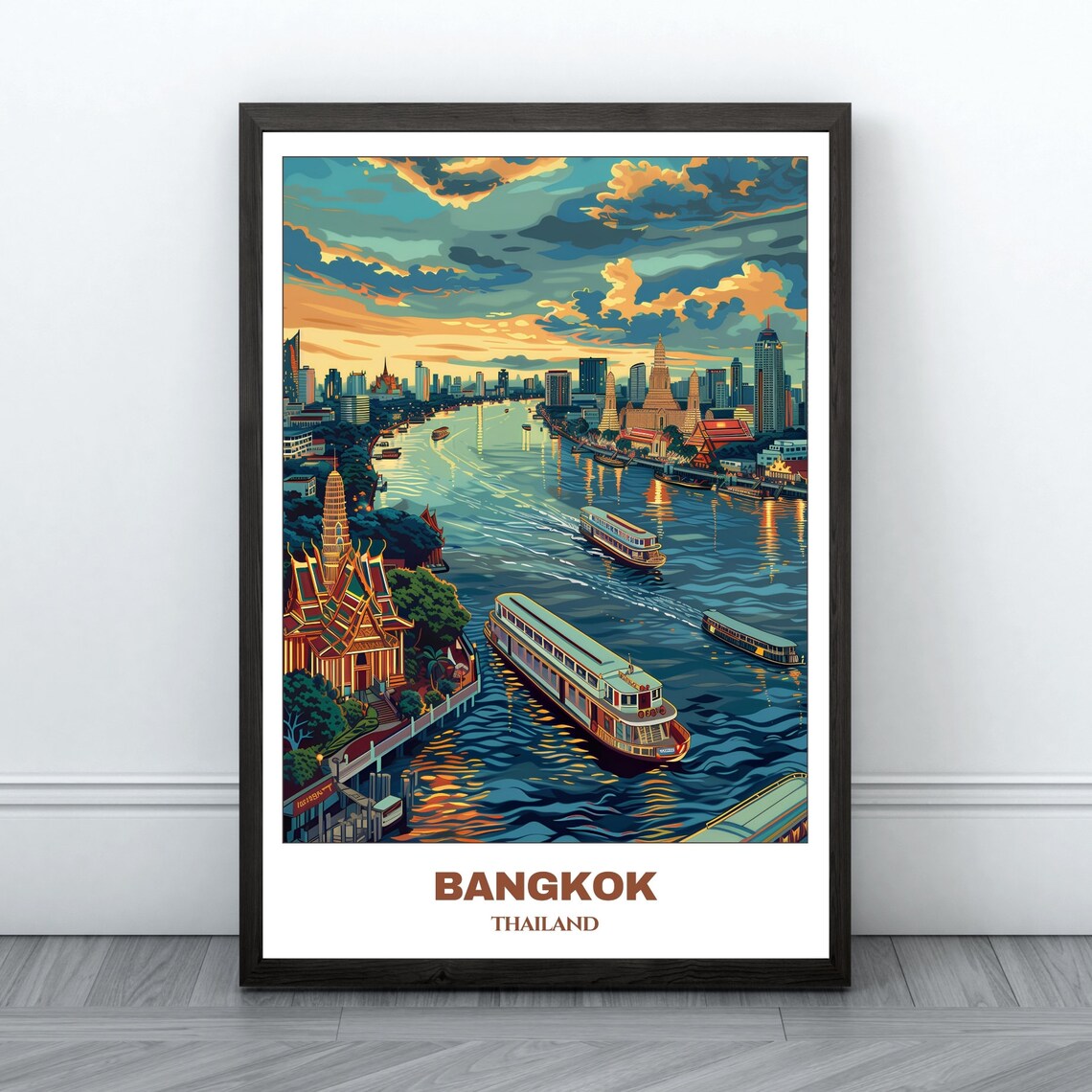 Bangkok Thailand Chao Phraya River Sunset Cruise Boats Poster