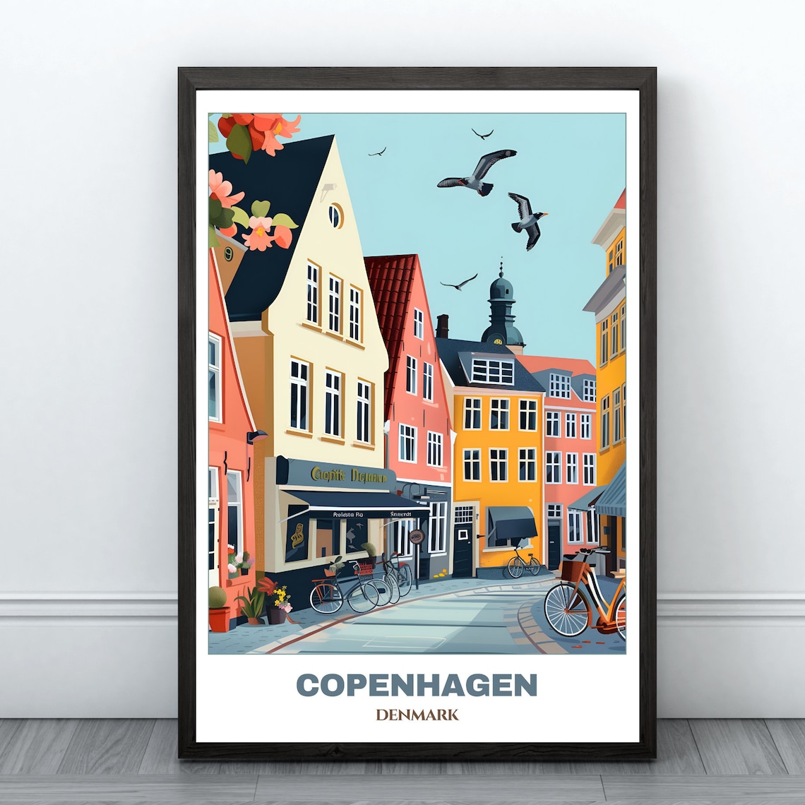 Copenhagen Old Street Bicycles Colorful Houses Cafe Scene Poster