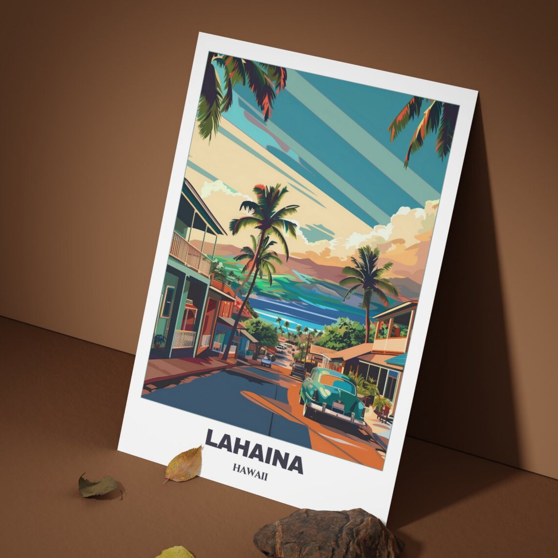 Lahaina Hawaii Vintage Car Palm Street Ocean View Travel Poster - Image 4