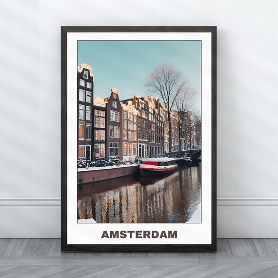 Amsterdam Winter Canal Gabled Houses Bicycles Snow Scene Poster