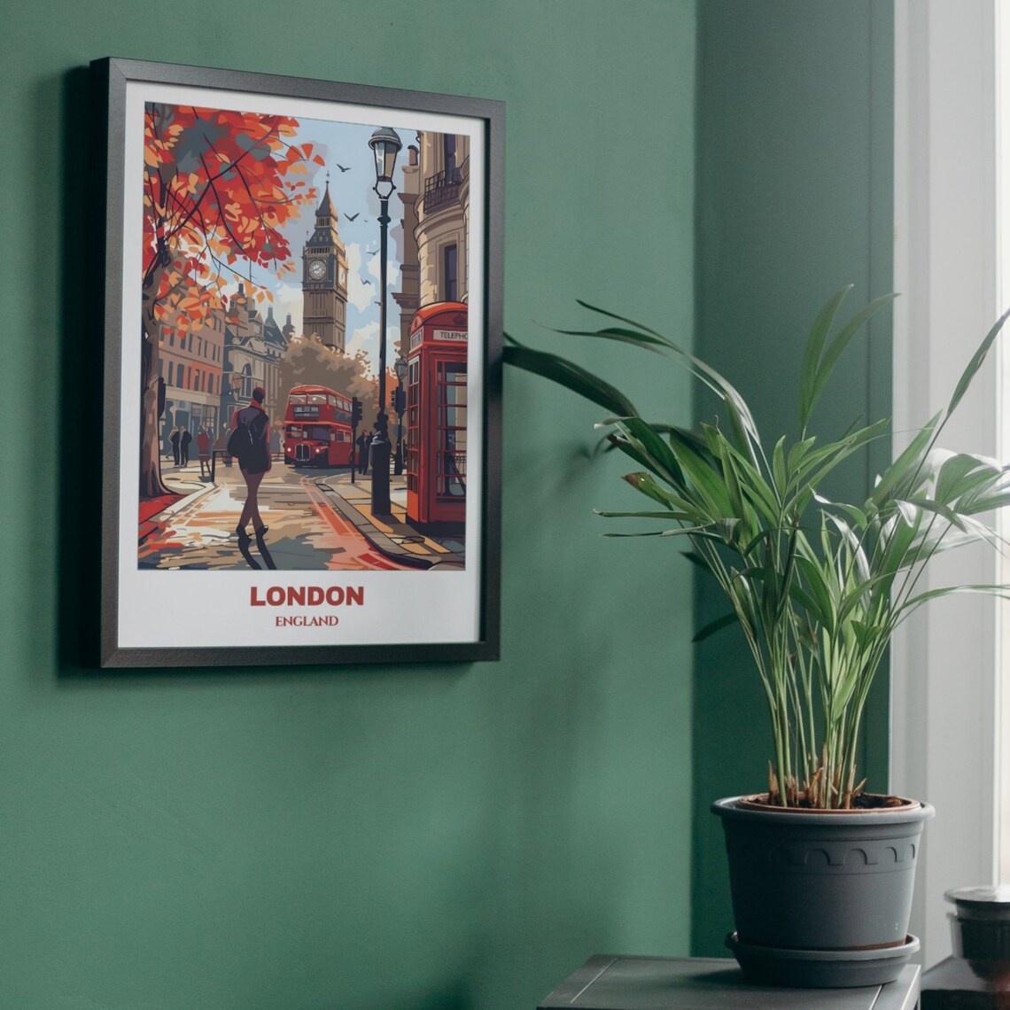 Vintage London Big Ben Red Bus Autumn City Street Travel Poster - Image 5