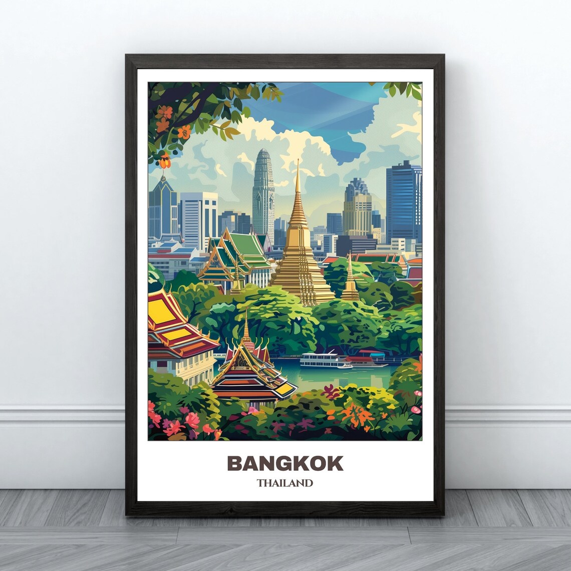 Bangkok Travel Poster, Thailand Cityscape Painting Print