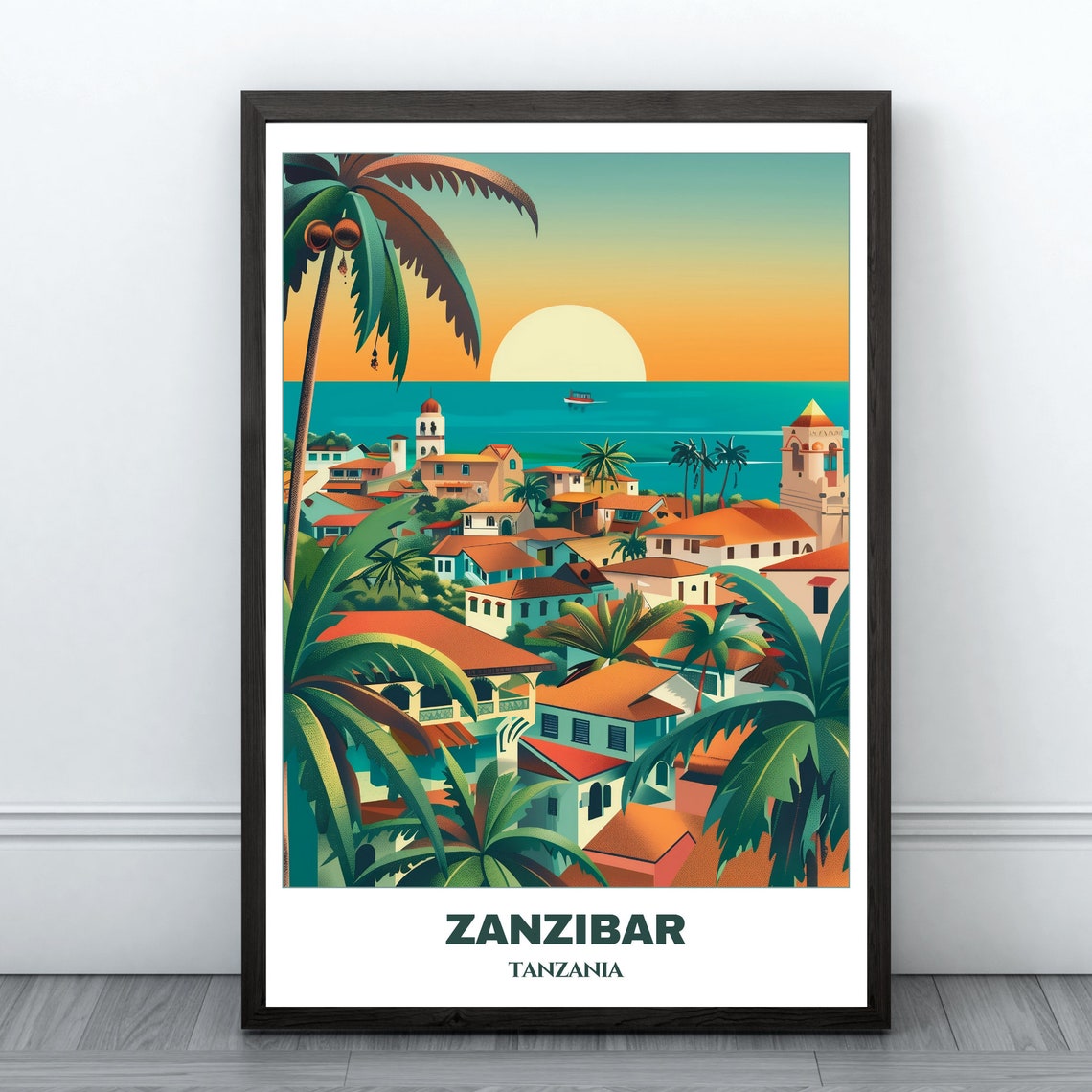 Zanzibar Sunset Rooftops Palm Trees Ocean View Tanzania Poster