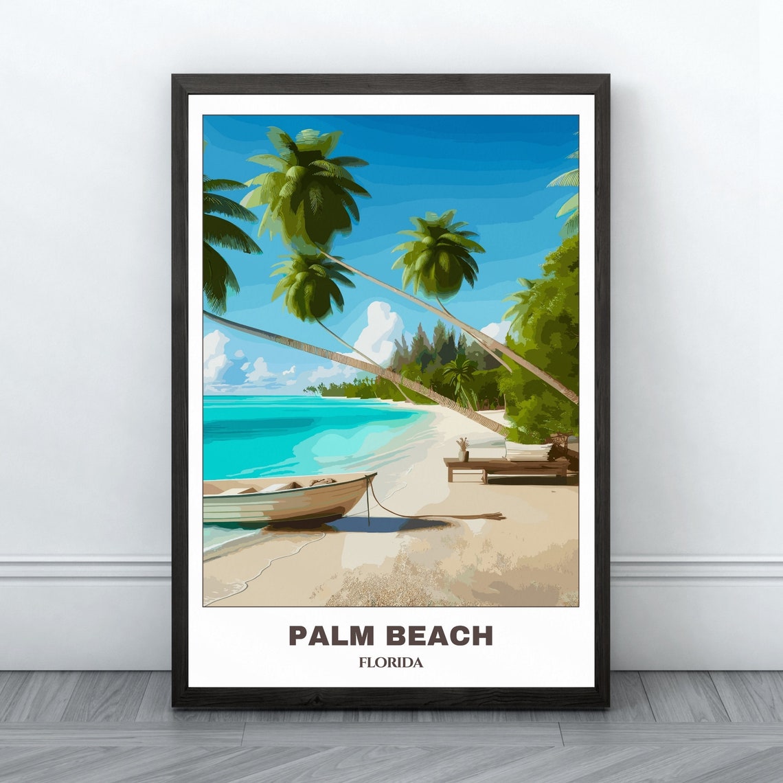 Palm Beach Florida Tropical Shore Palm Trees Beach Boat Poster