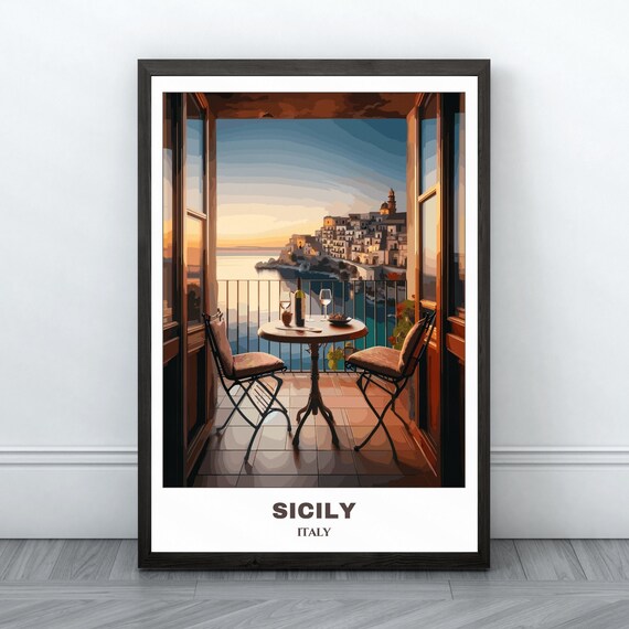 Sicily Italy Coastal Town Sunset Balcony With Wine Glasses Poster