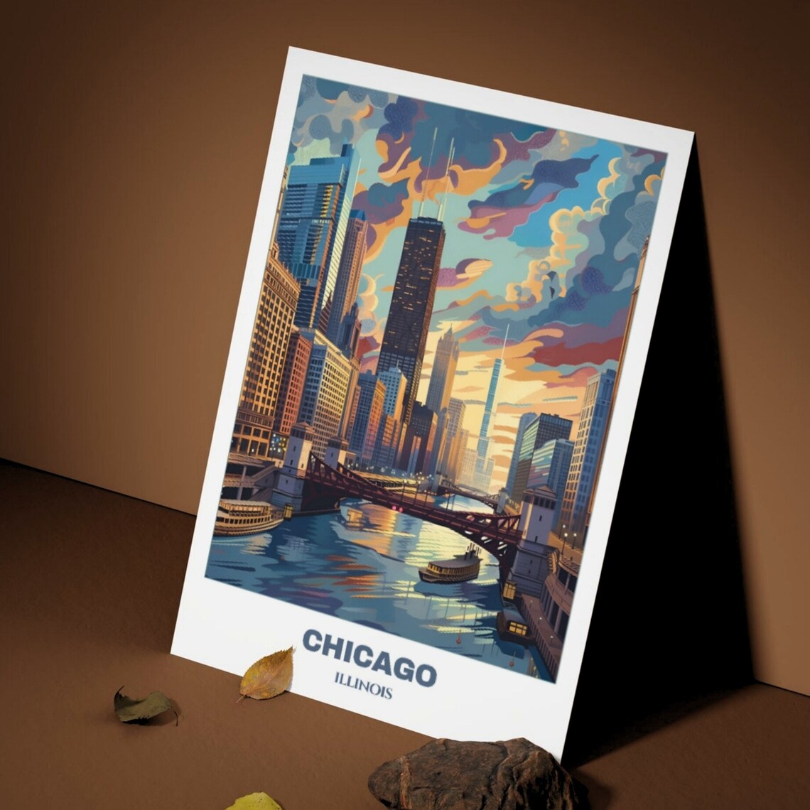 Chicago Illinois River Bridges Boats Golden Evening City Poster - Image 3