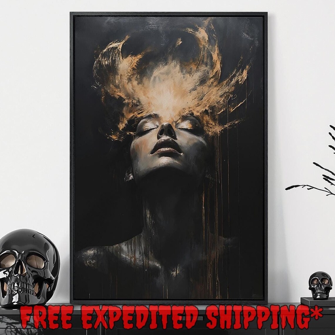 Moody Female Portrait Golden Brushstrokes Dramatic Dark Emotional Art Print - Image 5