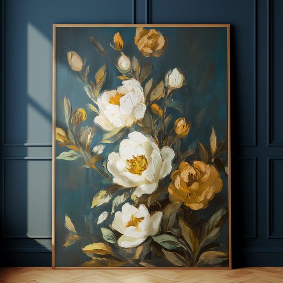 Navy And Yellow Floral Wall Art Moody Peony Painting Dark Botanical Print For Living Room Bedroom Decor