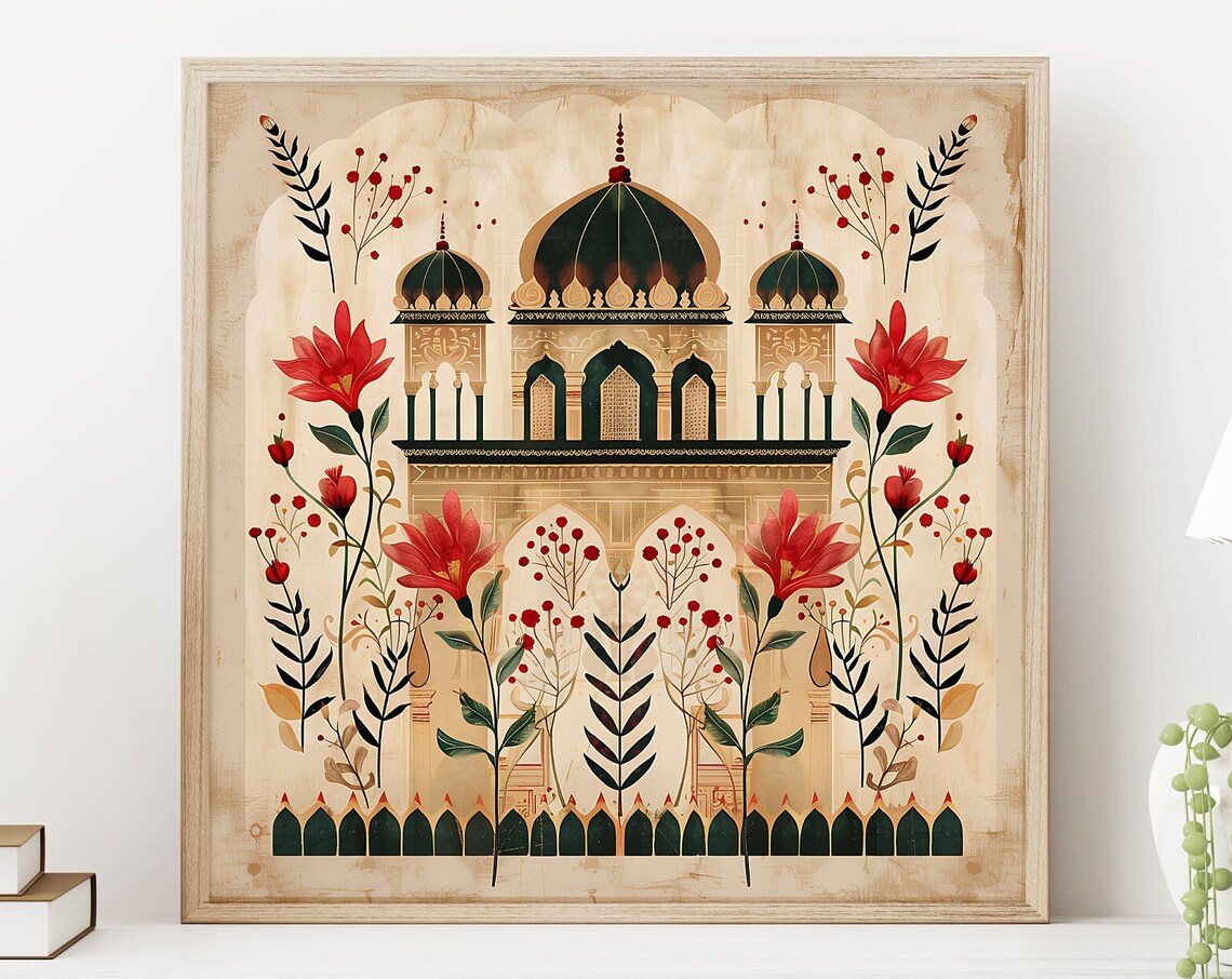 Vintage Rajasthani Domed Shrine Red Florals Aged Paper Art Poster