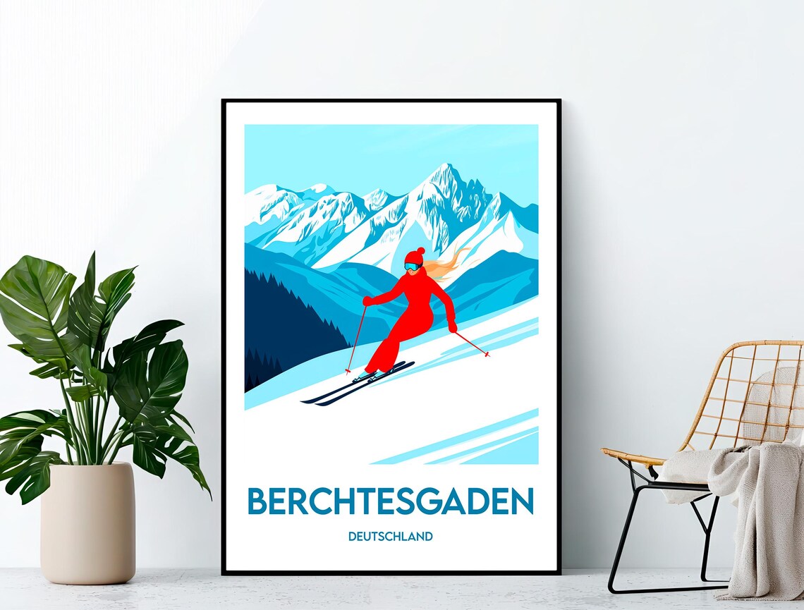 Berchtesgaden Deutschland Vintage Ski Travel Poster with Woman in Red Suit