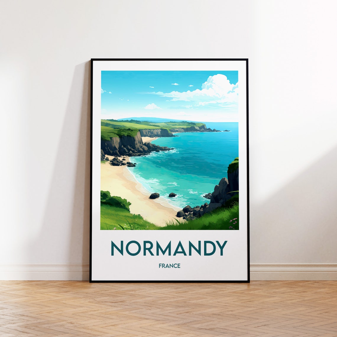 Normandy France Coastal Cliffs Turquoise Beach Travel Poster