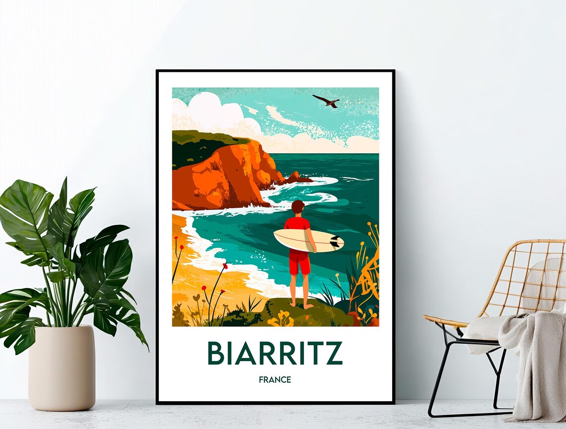 Biarritz France Vintage Travel Poster With Surfer And Cliffs