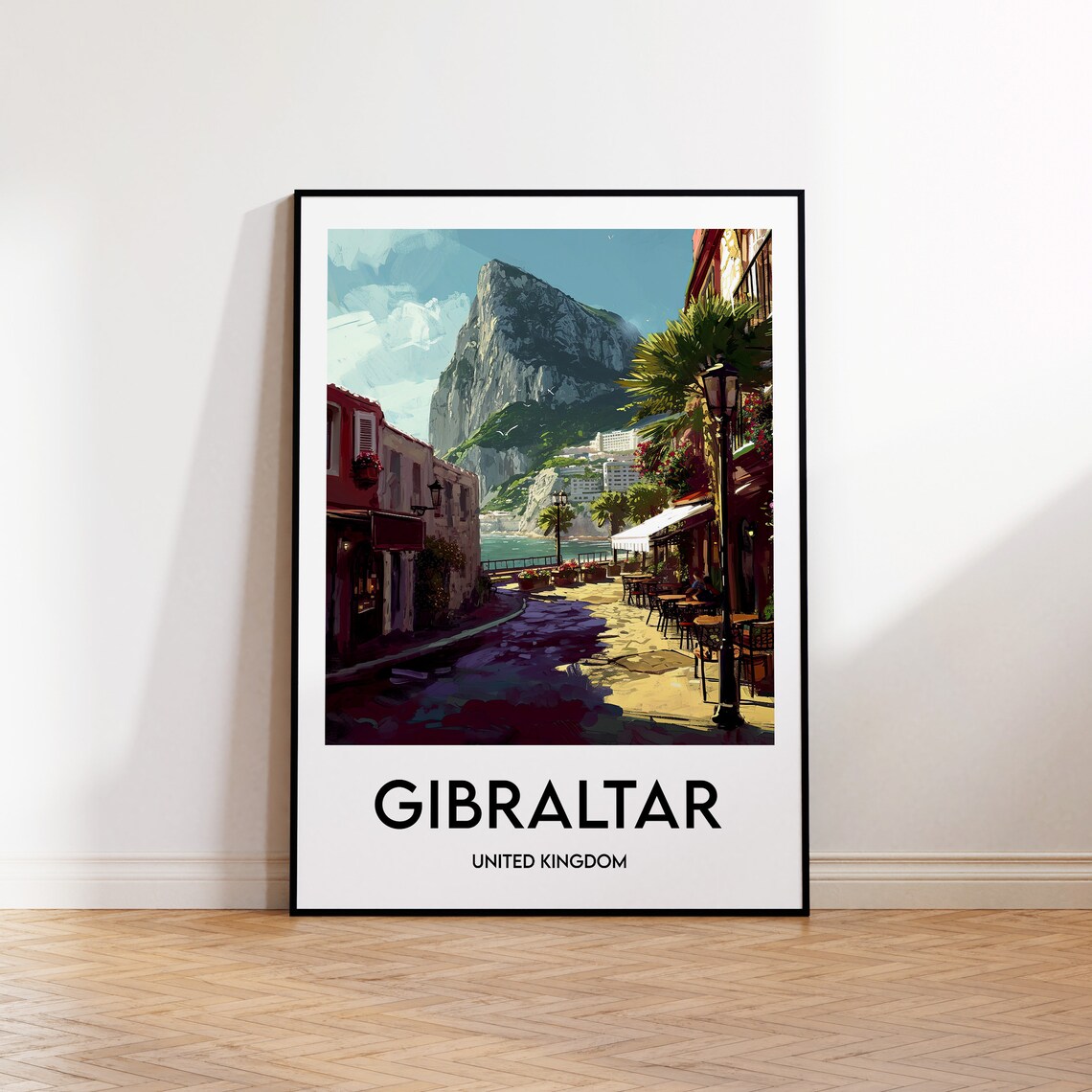 Gibraltar Rock United Kingdom Sunny Street Cafe Travel Poster