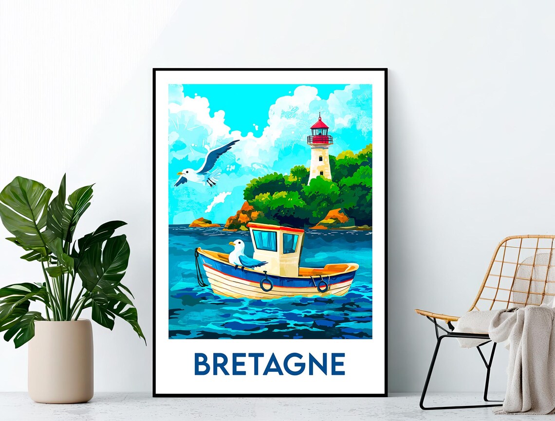 Bretagne Lighthouse Fishing Boat Seagulls Coastal France Travel Poster