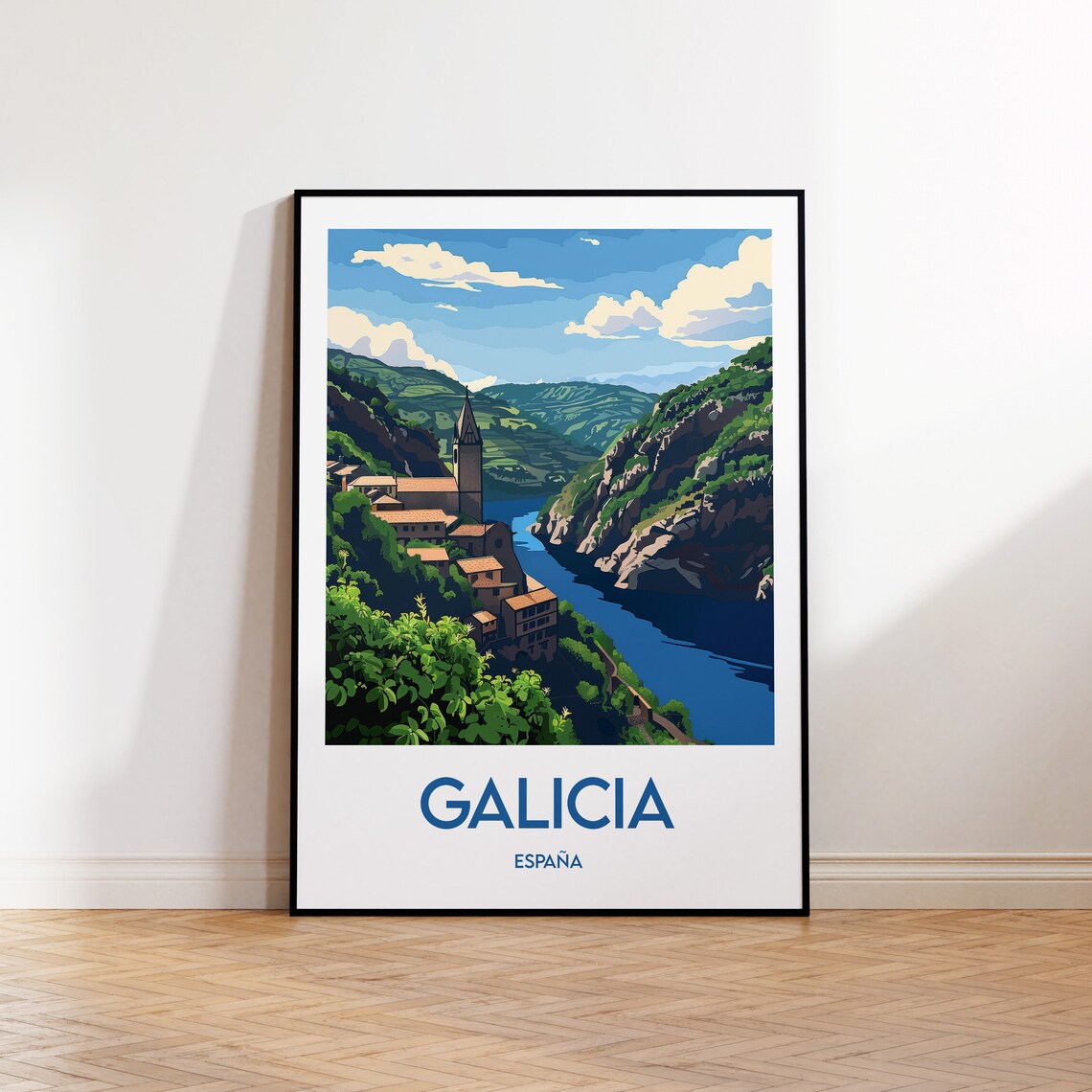 Galicia Spain Riverside Village Canyon Vintage Travel Poster