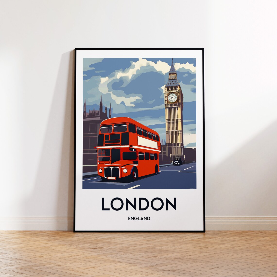 London England Red Bus Big Ben Vintage Travel Poster UK Landmark