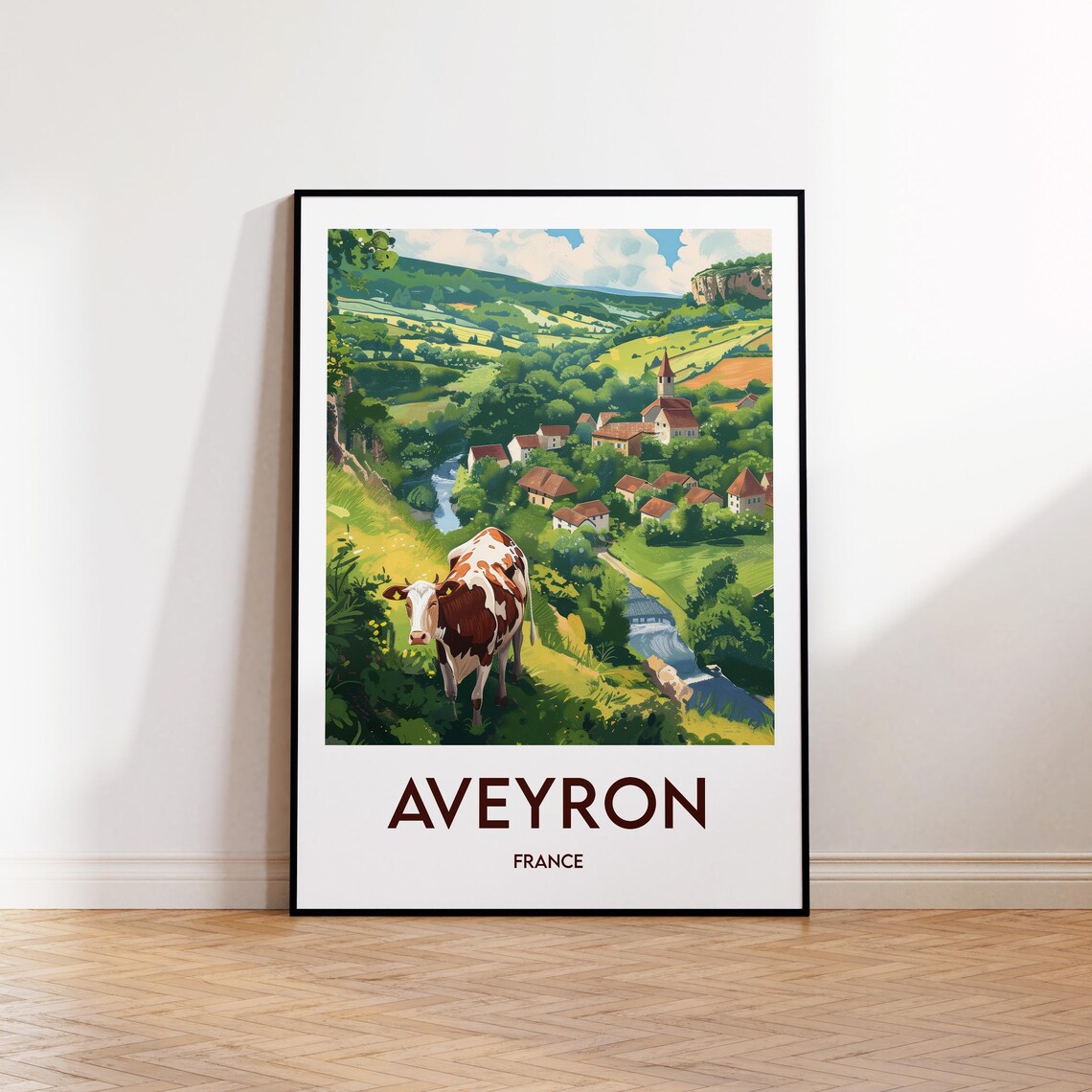 Aveyron France Village Travel Poster with Church River and Cow Meadow