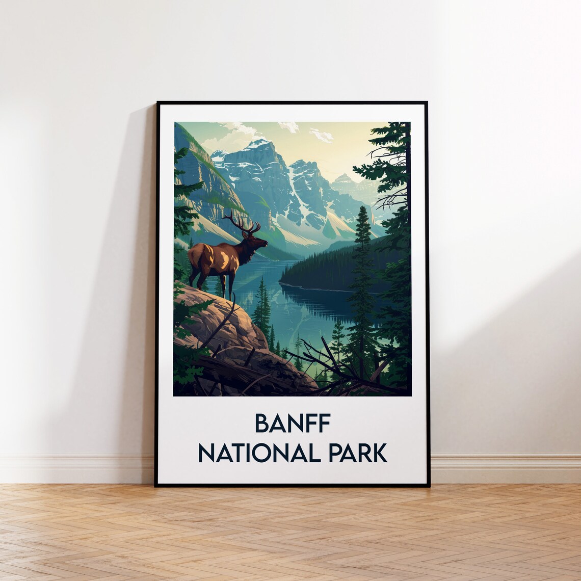 Banff National Park Majestic Elk by a Glacier Lake Wildlife Poster