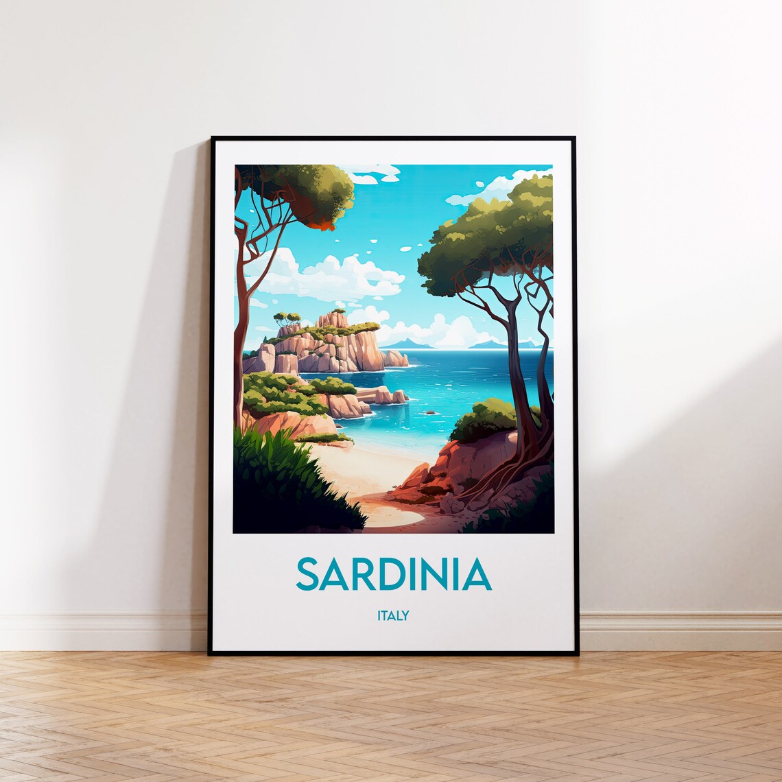 Sardinia Italy Vintage Travel Art Turquoise Coast Cliff Cove Poster