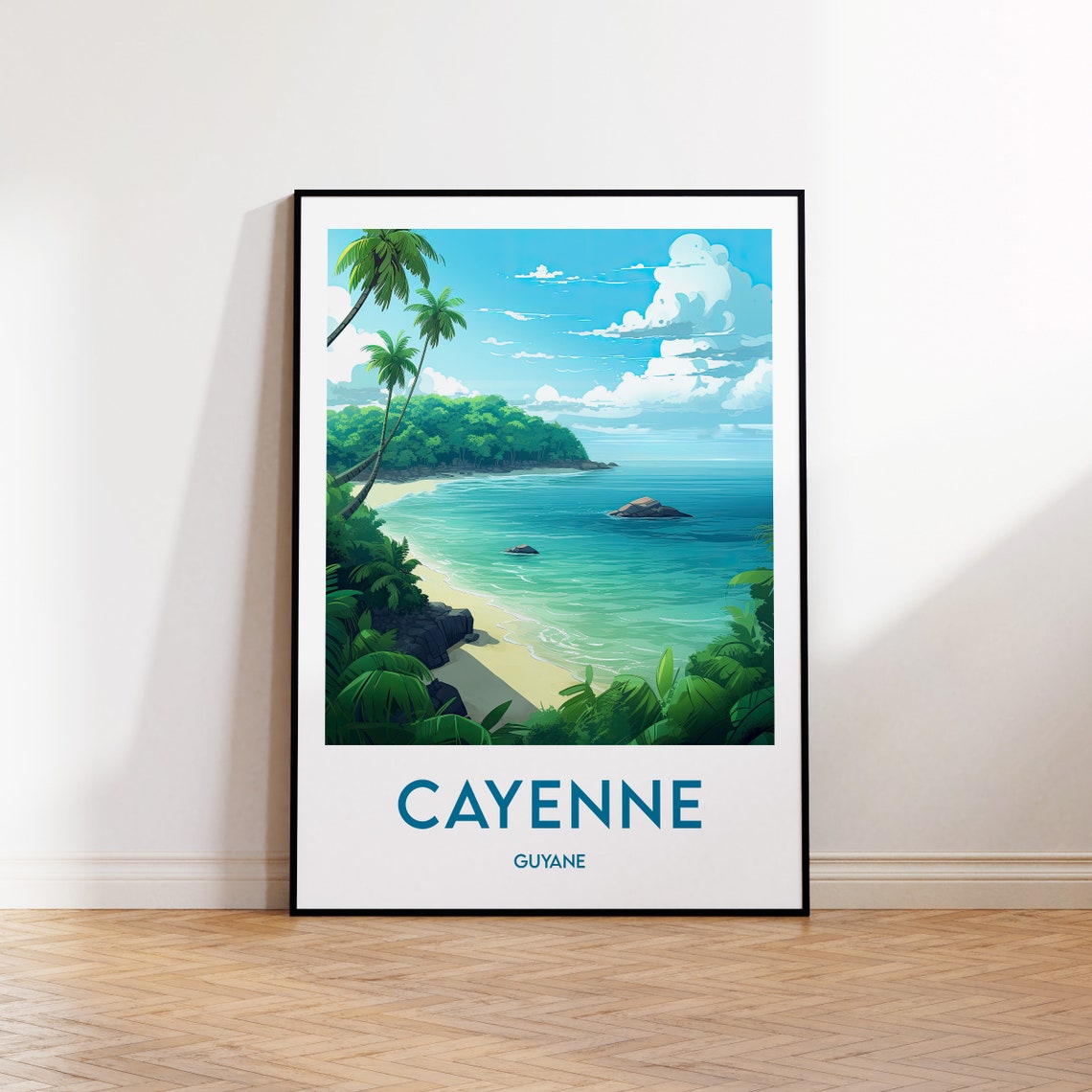 Cayenne Guyane Tropical Beach With Palm Trees Travel Art Poster
