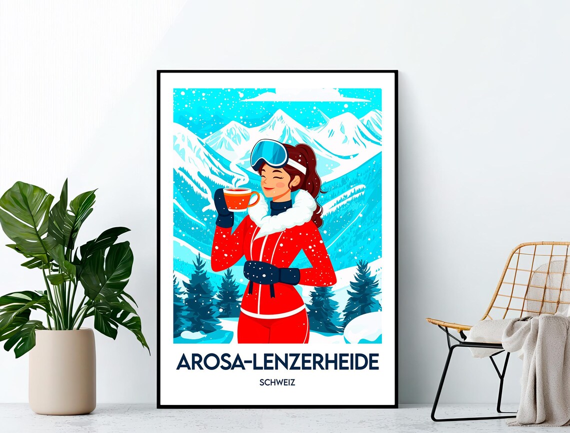 Arosa Lenzerheide Schweiz Woman Hot Drink Snowy Peaks Travel Poster