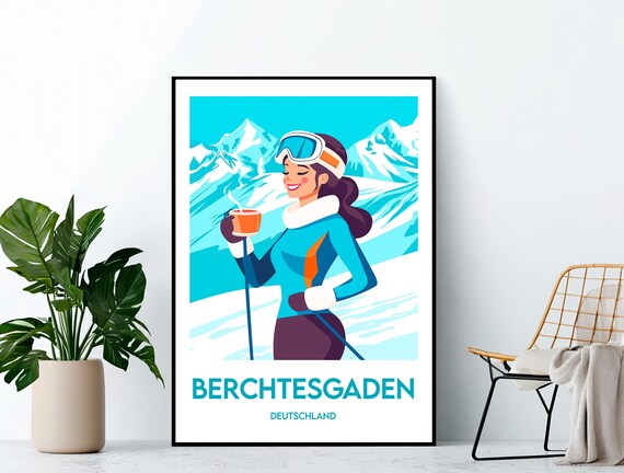 Berchtesgaden Deutschland Ski Resort Travel Poster with Skier and Hot Cocoa
