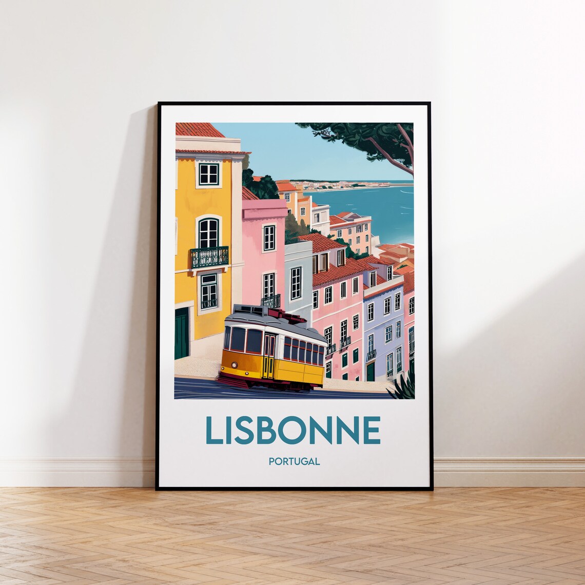 Lisbonne Portugal Yellow Tram Pastel Houses Sunlit Coastline Travel Poster