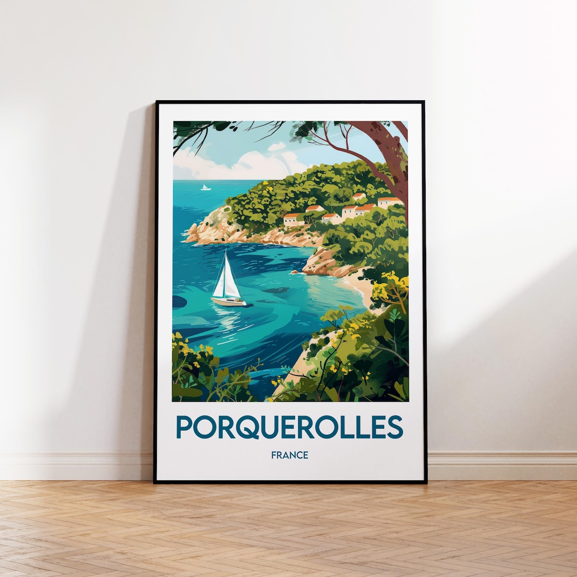 Porquerolles France Sailboat in a Turquoise Cove With Green Hills Poster