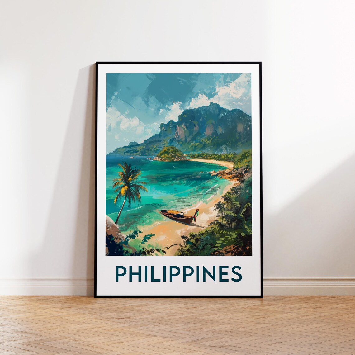 Philippines Tropical Beach Longtail Boat Scenic Travel Art Poster