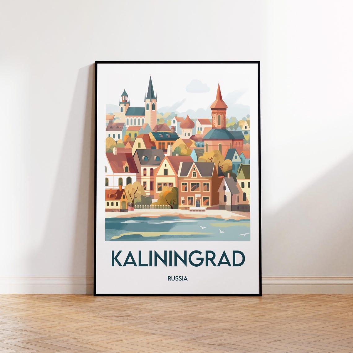 Kaliningrad Russia Illustrated Old Town Waterfront Travel Poster