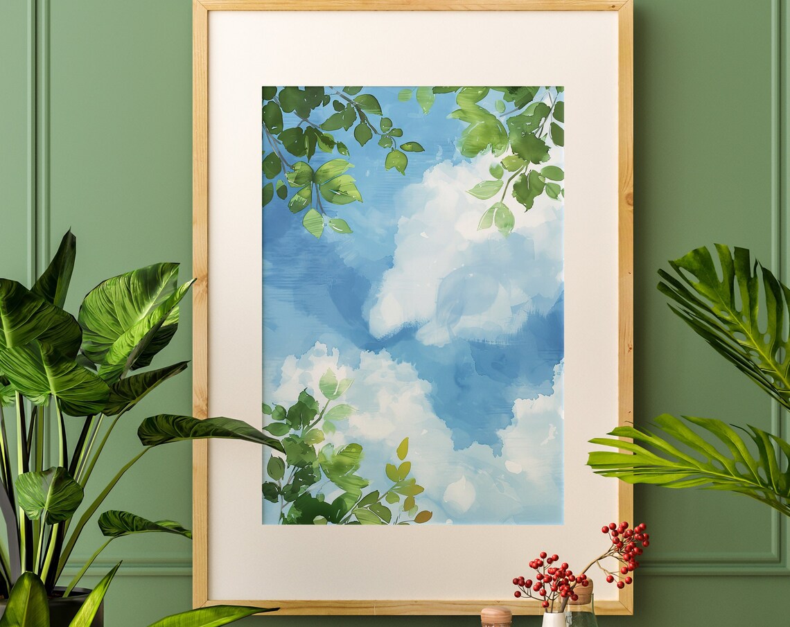 Blue Sky Clouds Watercolor Green Tree Leaves Summer Art Poster - Image 4