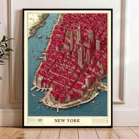 Vintage New York City Map Poster Retro Red Aerial Illustration Wall Art Print Antique Style Rolled Paper Artwork Urban Decor