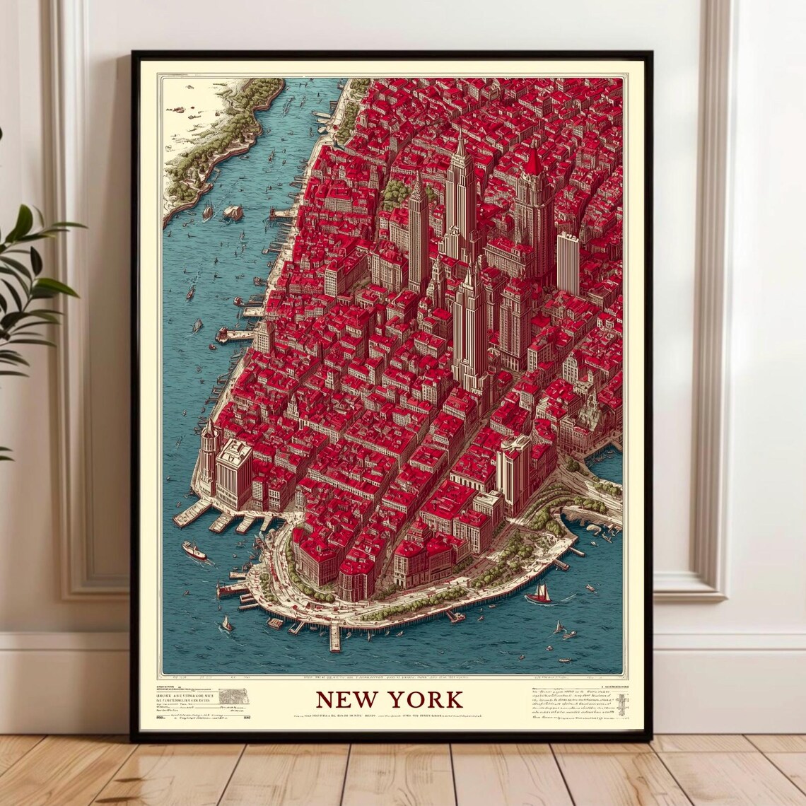 Vintage New York City Aerial Map Red Illustration Travel Poster