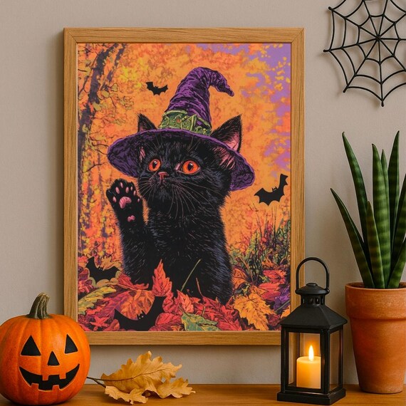 Halloween Black Cat Poster Spooky Witch Hat Gothic Autumn Art