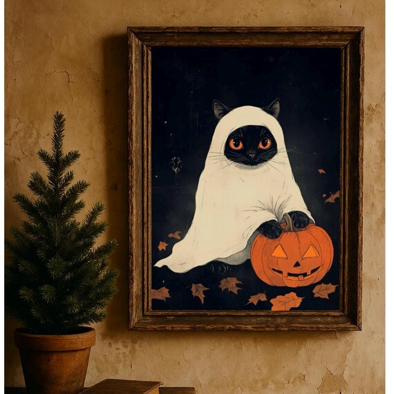 Halloween Black Cat Poster With Pumpkin Spooky Cute Wall Art Vintage Style Gothic Home Decor For Decoration