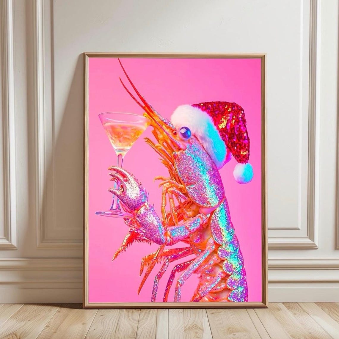 Sparkly Christmas Lobster Art Holding Cocktail Vibrant Pink Holiday Wall Decor Festive Coastal For Fun Home Styling