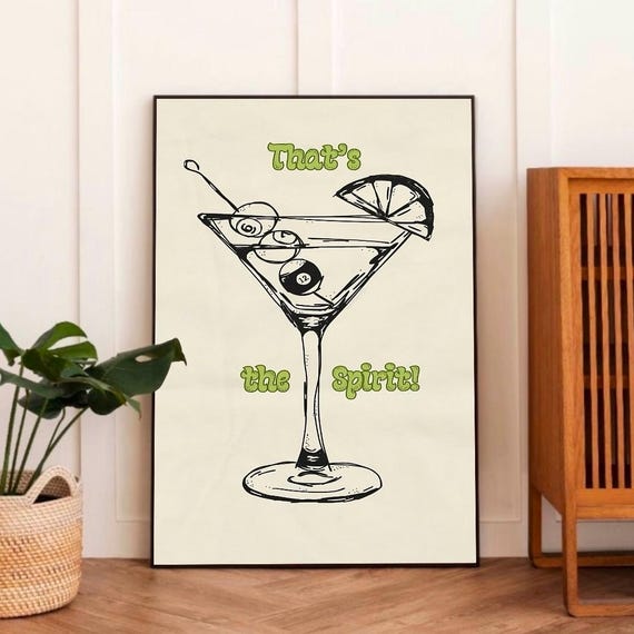 Thats The Spirit Martini Glass Olive Sketch Retro Bar Art Poster