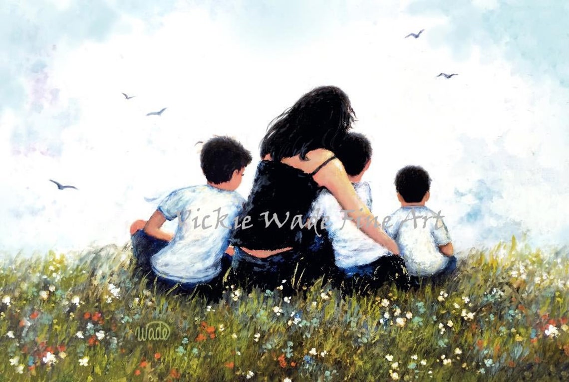 Mother Sitting with Three Sons Among Wildflowers in a Meadow Poster